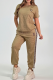 Brown Women's Retro Jacquard 2 Piece Tracksuit Short Sleeve Top and Jogger Pants