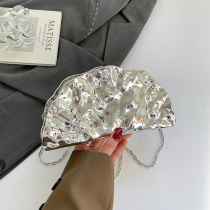 Silver Shiny Ruched Fan Bag Chain-Strap Crossbody Clutch Purse