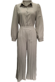 Khaki Gray Casual Solid Color Pleated Shirt Collar Long Sleeve Two Pieces