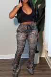 Dark Brown American Street Camo Flare Pants - Elastic Waist Drawstring Y2K Casual Joggers