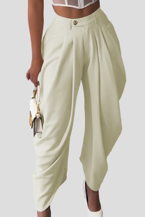 Cream White High Waisted Pleated Wide-Leg Pants Metal Clasp Loose Cuffed Trousers
