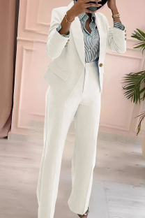 White Business Wear Office lady Solid Color Patchwork Turn-back Collar Long Sleeve Two Pieces