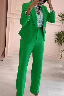 Green Business Wear Office lady Solid Color Patchwork Turn-back Collar Long Sleeve Two Pieces