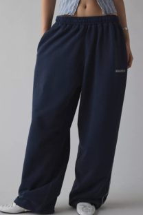 Deep Blue Women's Embroidered Loose Straight Leg Pants Casual Trendy Versatile Commute Sport Trousers