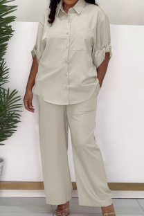 Apricot Casual Solid Color Buckle Shirt Collar Half Sleeve Two Pieces