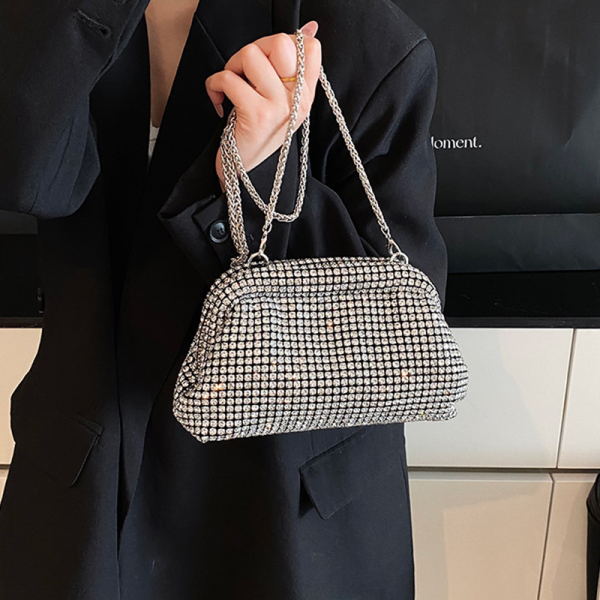 Silver Rhinestone Ruched Bag Chain Strap Crossbody Clutch
