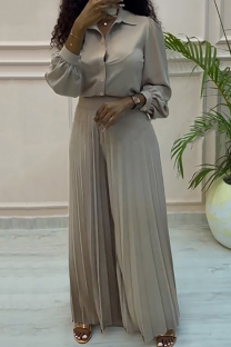 Khaki Gray Casual Solid Color Pleated Shirt Collar Long Sleeve Two Pieces