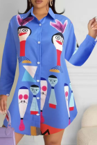 Blue Pop Art Oversized Shirt Graphic Print Long Sleeve Casual Top