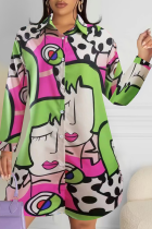Pink Green Pop Art Oversized Shirt Graphic Print Long Sleeve Casual Top