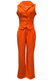 Red Formal Office lady Solid Color Buckle Turndown Collar Sleeveless Two Pieces