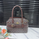 Red-brown Textured Emblem Tote Bag Buckle Accent Shoulder Purse