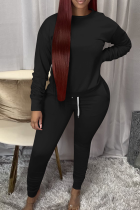 Black Casual Solid Color Draw String O Neck Long Sleeve Two Pieces