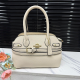 Cream White Textured Emblem Tote Bag Buckle Accent Shoulder Purse