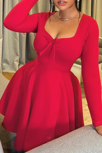 Red Sexy Solid Color Ruched Square Neck A Line Dresses