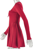 Red Sexy Solid Color Ruched Square Neck A Line Dresses