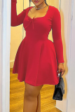 Red Sexy Solid Color Ruched Square Neck A Line Dresses