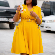 Yellow Vintage Office Blazer Dress Waist Belt A Line Midi Dress