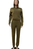 Army Green Casual Letters Contrast Hooded Long Sleeve Two Pieces