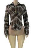 Black Y2K Deep V Plaid Shirt Oversized Asymmetric Design Casual Top