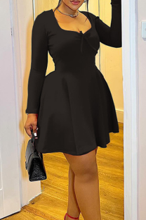 Black Sexy Solid Color Ruched Square Neck A Line Dresses