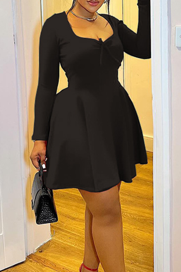 Black Sexy Solid Color Ruched Square Neck A Line Dresses