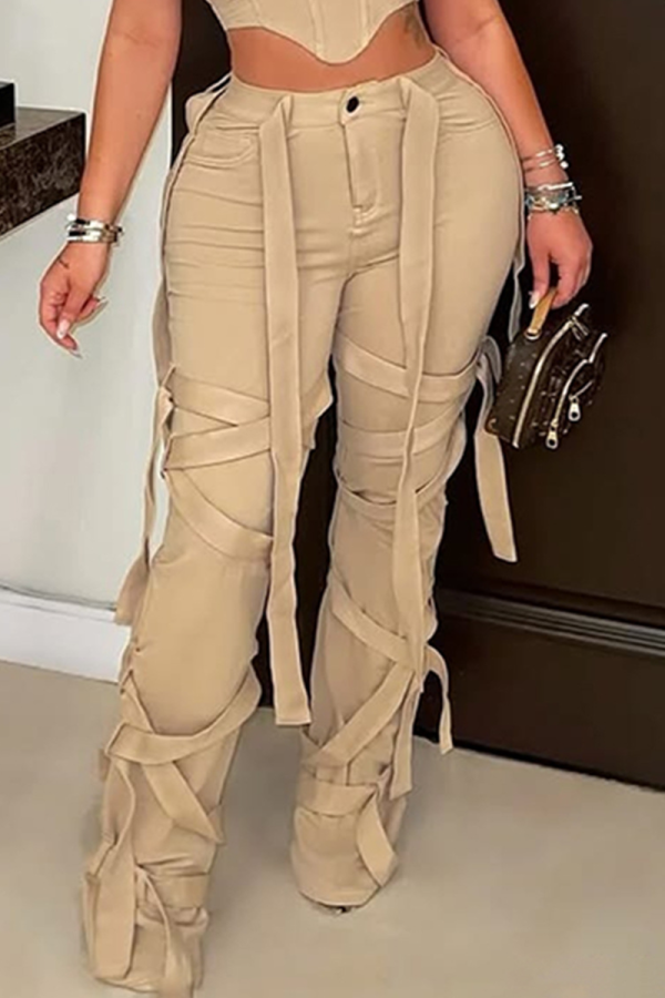 Khaki Y2K Strappy Decor Flare Pants Slim Fitted Leg-Casual Trousers