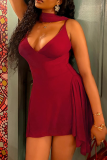 Black Sexy Solid Color Ruched Spaghetti Strap Wrapped Skirt Dresses