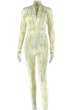 Light Yellow Casual Print Patchwork Deep V Neck Skinny Jumpsuits