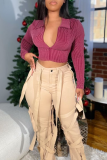 Khaki Y2K Strappy Decor Flare Pants Slim Fitted Leg-Casual Trousers