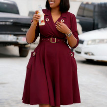 Burgundy Vintage Office Blazer Dress Waist Belt A Line Midi Dress