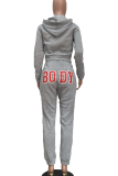 Army Green Casual Letters Contrast Hooded Long Sleeve Two Pieces