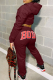 Burgundy Casual Letters Contrast Hooded Long Sleeve Two Pieces