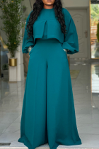 Green Vintage Lantern Sleeve Crop Top Wide Leg Pants 2 Piece Set