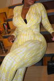 Light Yellow Casual Print Patchwork Deep V Neck Skinny Jumpsuits
