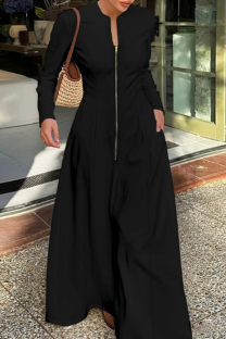 Black Minimalist Round Neck Zipper Long Sleeve Dress Slim Flare Office Elegant Maxi Dress