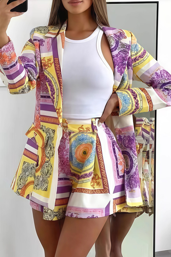 Purple Casual Print Contrast Turn-back Collar Outerwear