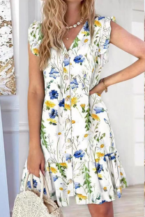 White Botanical Print V Neck Button Dress Ruffle Sleeve Waist Ruffle Casual Mini Dress