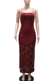 Burgundy Party Style Sequin Camisole Maxi Dress Slit Design Slim Fit Dress