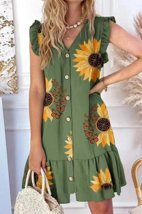 Green Botanical Print V Neck Button Dress Ruffle Sleeve Waist Ruffle Casual Mini Dress