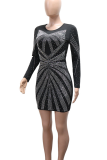 Black Sexy Solid Color Hot Drill O Neck Wrapped Skirt Dresses