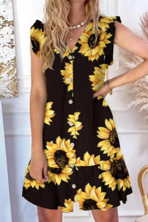 Black Yellow Botanical Print V Neck Button Dress Ruffle Sleeve Waist Ruffle Casual Mini Dress