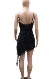 Black Y2K Sequin Lace Camisole Dress Asymmetric Hem Party Dress