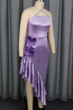 Purple Cross Halter 3D Flower Dress Asymmetric Ruffle Slim Party Midi Dress