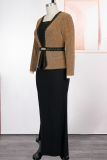 Rose Red Trimmed Cardigan Style Dress Waist Slim Elegant Maxi Dress