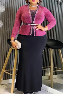 Rose Red Trimmed Cardigan Style Dress Waist Slim Elegant Maxi Dress