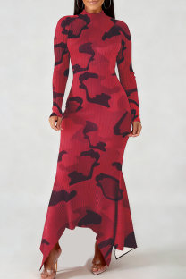 Red Casual Camouflage Print Irregular Irregular Hem O Neck Irregular Dresses