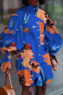 Blue Abstract Print Shirt Dress Oversized Puff Sleeve Loose Casual Mini Dress