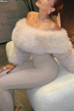 Khaki Off Shoulder Fur Trim Jumpsuit Slim Fitted Bodycon Stylish One Piece Pantsuit