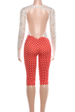 Black Lace Open Back Jumpsuit Polka Dot Slim Capri Stylish One Piece Pantsuit