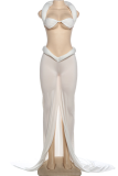 White Halter Bandeau Two-Piece Set Slim Split Pants Stylish Statement Outfit